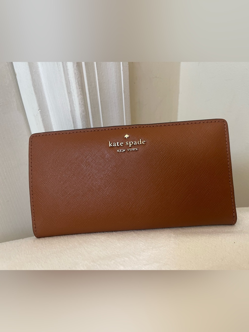 kate spade Cognac Brown Saffiano Leather Wallet with Gold Logo